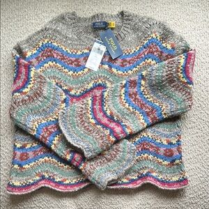 Polo by Ralph Lauren Blue and Tan Crew Neck Sweater with Intricate Patterns